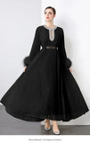 Women's Dress 2025 New Famous Heavy Industry Drilled Hair Sleeves To Close The Waist Pressure Folding Long