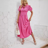 Women's Summer Casual Short-Sleeved Buckle Waist Solid Cotton Ultra-Long Shirt