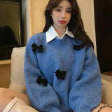 Sweet Sweater Pullover Women Autumn Winter Loose Bow Outwear Knitted Tops O Neck Warm Female Jumper Casual Fashion-Outfit