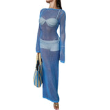 Women's Summer Long Knit See-through Beachwear Solid Color Flare Long Sleeve O Neck Hollow Backless Cover Up Dress-Outfit
