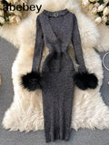 Quality Luxury Shining Knitted Women Dress Sexy Hollow Out V-neck Halter Bodycon Party Dress Fashion Purple