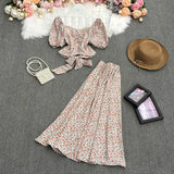 New Summer Fashion V-neck puff sleeve short Shirt Top + high waist pleated waist floral Skirt 2-piece