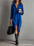Women's Elegant Workwear Style Pocket Button Velvet Shirt Dress