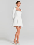 Square Collar Diamond Long Sleeves White Mini Dress-Outfit