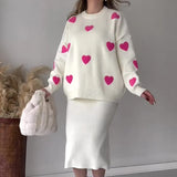 Set Women Two Piece Sets Round Neck Full Sleeve Print Sweaters Knitted Tops Mid Length Skirts Loose Casual Splice-Outfit