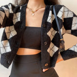 Preppy Style Cardigan Women Long Sleeve Knitted Cardigan Argyle Cashmere Cardigan Streetwear Black Sweater Winter