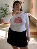 Women's Y2K Vintage Retro Long Sleeve Cherry/Cake Print Crew Neck Spring Fall Slim Fit Tops Aesthetic Grunge T-Shirts-Outfit