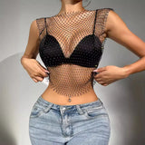 Toloer Nightclub Dresses Fishnet Hollow Out Rhinestone Vest Mesh Flash Diamond Sling Top