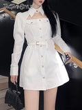 Casual Black Dress For Women Lapel Long Sleeve High Waist Cut Out Solid Mini Dresses Female Fashion Clothing