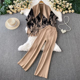 Temperament Bottom Half-High Collar Sweater + Printed Knitted Shawl Jacket + High Waist Lanky Trousers Three-Piece