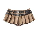 Trendy Women's Wear Low-Waist Sexy Double-Belt Pleated Skirt Plain Underwear Anti-Smooth Belt Skirt Half Skirt-Outfit