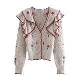 Ardm Fashion Cardigan Mujer Floral Embroidery Ruffled Knitted Cardigan Sweater Vintage Long Sleeve Pull Female Outerwear