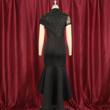 Collar Sexy Lace Short Sleeve High-Waisted Lotus Side Party Dress Party