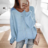 Toloer New Women Long Sleeves Loose V Neck Rope Exposed Back Jumper Knit Sweater Women's