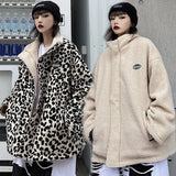 Deeptown Leopard Print Women Fleece Jackets Motorcycle Jacket Faux Lamb Fur Kawaii Coat Harajuku Hip Hop Zip Up Thick