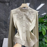 Toloer Blouses Womens Clothes Tops Vintage Blusas De Mujer Stand Collar Embroidery Blouse Korean Fashion Long Sleeve Shirt 1215-1-Outfit