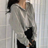 Toloer T-Shirt Hooded Female 2024 Autumn Dress New Korean Version Of Loose Plus-Size Button Bottom Shirt Thin Top To Wear-Outfit