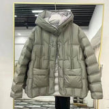Autumn And Winter New Korean Version Loose And Light White Duck Velvet Hooded Coat Female Casual Pressure Rubber Down Jacket Coat-Outfit