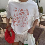 Retro Italian Seafood Print T-Shirt-Outfit
