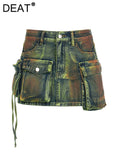 Women's Denim Skirts Tie-dye Green Irregular Spliced Multiple Pockets Cargo Mini Skirt 2024 Summer New Fashion 29L3411-Outfit