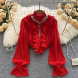 Elegant Shirts Women Design Diamonds Loose Casual Tops Long Sleeve Ruffles Gentle Office Lady Blouses