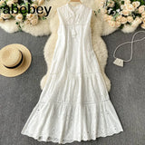 Dress Women Summer Sleeveless Mid-calf Dress Solid Lace-up V-neck Loose Waist Embroidery Hollow Beach Holiday
