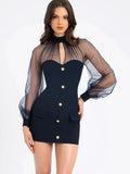 Sheer Long Sleeve Mock Neck Bodycon Mini Dress-Outfit