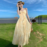 Toloer Summer Vacation Gentle Yellow Tune Dyed Flowers With Neck Flounce Print Skirt Beach