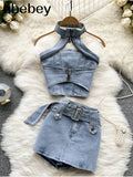 Women Two 2 Piece Set Sexy Strapless Jeans Vest+High Waist Denim Skirts Korean Style Office Lady Sleeveless Suits