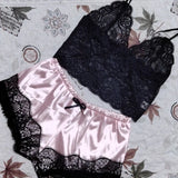 Toloer Hot Selling Lace Pajamas Two-Piece Lace Sling Perspective V-Neck Pajamas Set-Outfit