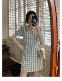 Women Summer Square Collar French Style Plaid Short Sleeve Holiday