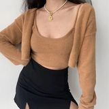 Cropped Button Knit Two Piece Cardigan-Outfit