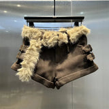 Brown Fur Belt Low Waist Shorts-Outfit