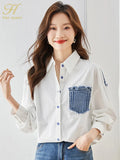 Han Queen New Denim Patchwork White Shirt Women Blouse Vintage Work Casual Tops Spring Autumn Elegant Loose Shirts And Blouses-Outfit