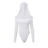 Toloer Women's Design Sensibility Lace Lace Solid Color Top One-Line Collar Hooded Long Sleeve Jumpsuit Woman-Outfit