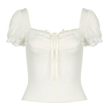 Fresh Romantic Pure Color Square Collar Bubble Sleeve Girl T-Shirt Ins Trend Slim Casual Blouse New Style-Outfit