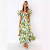 Summer New Holiday Leisure Printing Waist Bubble Sleeve Dress Dress