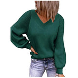 Toloer And Winter New Large Size Loose Sweater V-Neck Pure Color Pullover Sweater Female-Outfit