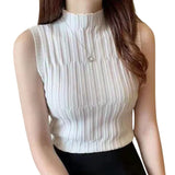 Women Ribbed Halter Tank Crop Tops Summer Spring 2023 Base T-shirt Harajuku Adults Sleeveless Solid Color Round Neck Knit Tops-Outfit