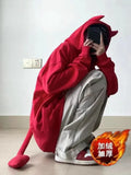 Women Hoodie Cartoon Devil Cowhorn American Retro Pullover 2024 New Couple Fashion Punk Coat Japanese Hip Hop Streetwear-Outfit