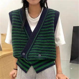 Oversize Stripe Women's Vest Sweaters V-Neck New 2022 Autumn Winter Vintage Loose Chic Cardigan Vest Sweater Tops