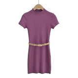 Trendy Women's Dress With High Round Neck And Short Sleeves And A Dress That Is Stylish, Tight And Thin With A Belt And Hip Skirt-Outfit