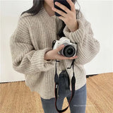 2022 Fall Winter Solid Color Retro Jumper Stand-up Collar Long Sleeve Zipper Sweater Jacket Women All Match Loose Knit