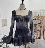And Summer New French Style Tie Dyed Horn Long-Sleeved Lace Side Design T-Shirt