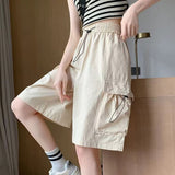 Thin Cargo Shorts Women Y2K Loose Fashion Drawstring Pocket Shorts Bf Baggy Korean Streetwear Wide Leg Knee-Length Pants-Outfit
