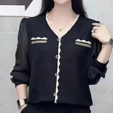 Clothing Solid Color Blouse French Style Elegant Patchwork 2024 Spring Autumn Fashion Diamonds Korean Casual V-Neck Shirt-Outfit