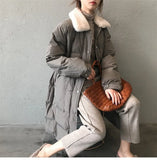 Faux rabbit fur collar women's winter down jacket long drawstring slim zipper ladies chic coat loose oversize outwear