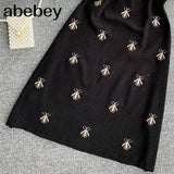 Summer Autumn Sweater Dress Women Knited Short Sleeve Fashion Designer Runway Embroidery Bee Mini