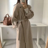 Autumn Winter Women Long Woolen Coat with Belt Long Sleeve Turn Down Collar Warm Vintage Manteau Femme Casual Ladies