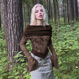 Toloer Do Old Butterfly Print Horn Sleeve T-Shirt New One Line Shoulder Slim Top Women-Outfit